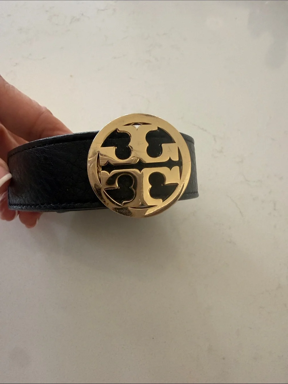 Black Leather Bracelet with Gold Logo Accent